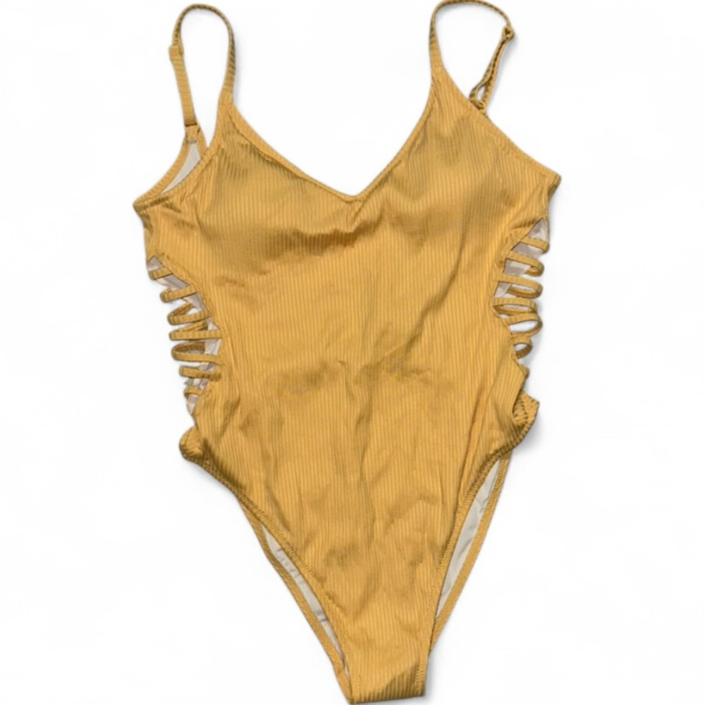 Victoria's Secret Yellow and White Ribbed One‎ Piece Swimsuit Cutouts Cheeky NWT